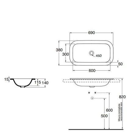 Раковина из сантехнического фаянса Azzurra Glaze GLLI06938000BI (GLZ 69x38/IN bi) 70х40 встраиваемая цвет белый без отверстий под смеситель