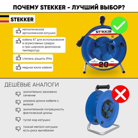 Удлинитель на металлической катушке 4-местный 20м Stekker PRF02-41-20 39784