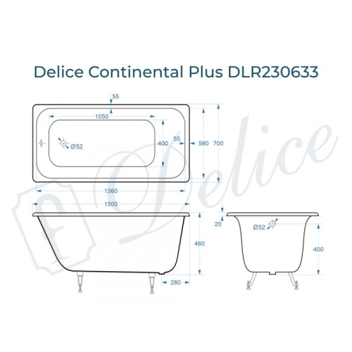 Ванна чугунная Delice Continental PLUS DLR230633 150х70 пристенная прямоугольная - фото 2