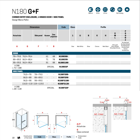 Душевая перегородка Novellini N180 N180FG100-1P 100х200 стекло прозрачное профиль золото матовое