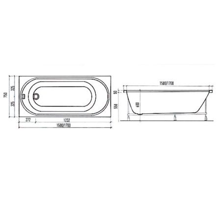 Ванна акриловая Aquanika Round A1015075024 150х75 пристенная прямоугольная