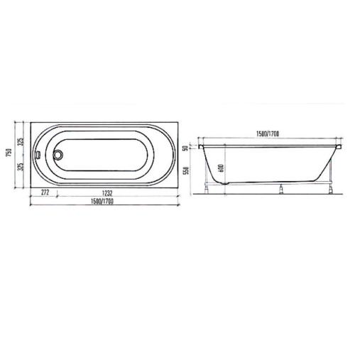 Ванна акриловая Aquanika Round A1015075024 150х75 пристенная прямоугольная без каркаса - фото 5 Ванна акриловая Aquanika Round A1015075024 150х75 пристенная прямоугольная без каркаса - фото 5