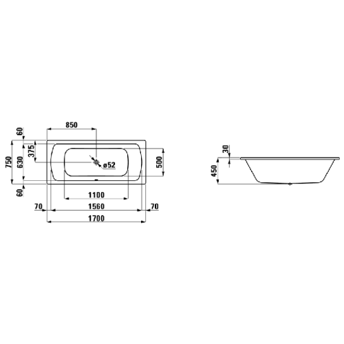 Ванна стальная Laufen Pro 2.2695.0.600.040.1 170х75 встраиваемая прямоугольная - фото 2