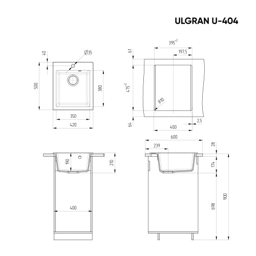Кухонная мойка Ulgran Classic U-404-331 42х50 цвет белый - фото 2