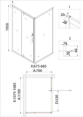 Боковая стенка Niagara Nova NG-A70B 70х195 стекло прозрачное профиль черный