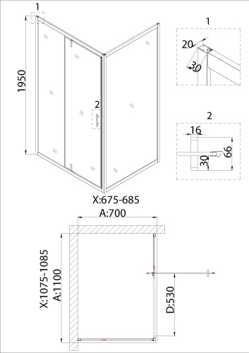 Боковая стенка Niagara Nova NG-A70B 70х195 стекло прозрачное профиль черный - фото 5