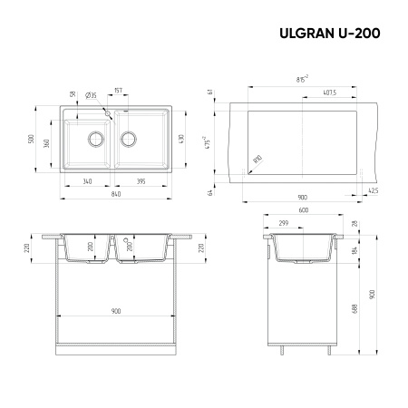 Кухонная мойка Ulgran Classic U-200-308 84х50 цвет черный
