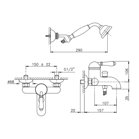 Смеситель для ванны Nicolazzi Petit Mont Blanc 3401CR76 настенный хром