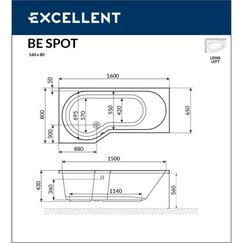 Ванна гидромассажная Excellent BE SPOT WAEX.BSL16.RELAX.GL 160х80  асимметричная - фото 3