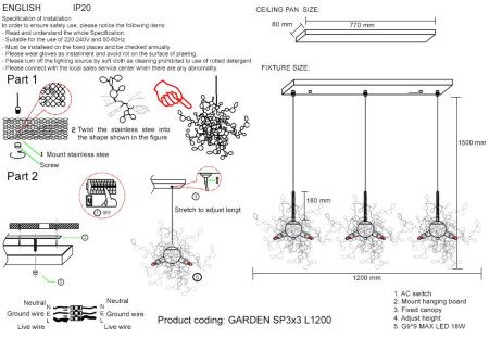 Светильник подвесной Crystal Lux Garden (Гарден) GARDEN SP3х3 L1200 GOLD