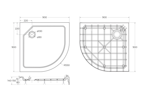 Душевой поддон Cezares TRAY-SMC-R-90-550-150-W 90х90 стеклопластик белый - фото 2
