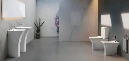 Унитаз напольный с бачком CeramaLux 1215A белый с сиденьем микролифт безободковый душевой смыв