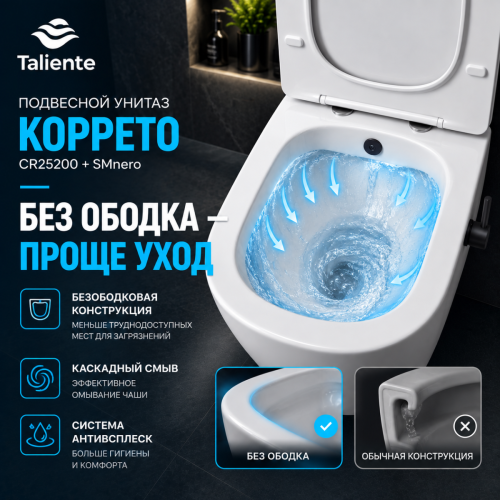 Унитаз подвесной Taliente Correto CR25200+SMnero белый с сиденьем микролифт безободковый смыв торнадо - фото 3