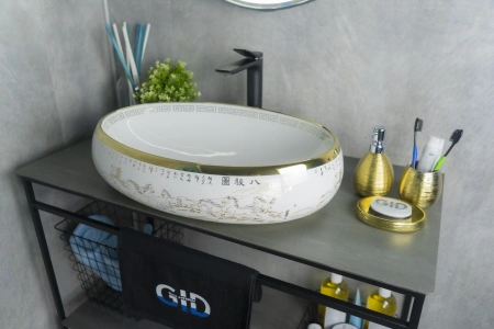 Раковина керамическая Gid Lago 52222 60х40 накладная цвет белый/золото без отверстий под смеситель
