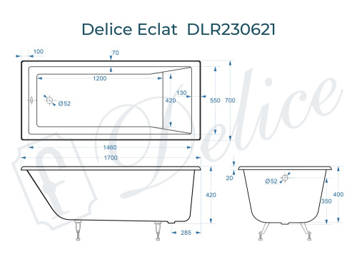 Ванна чугунная Delice Eclat DLR230621 170х70 пристенная прямоугольная без ножек - фото 3