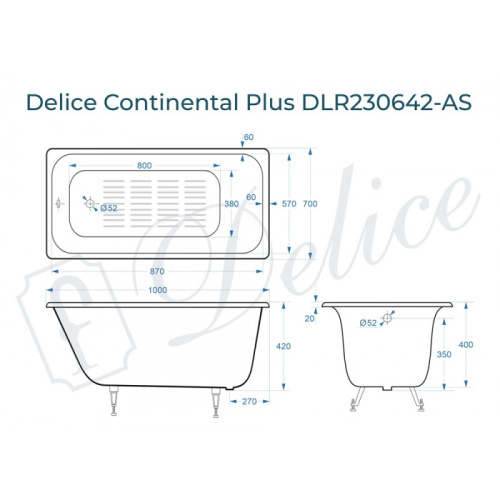Ванна чугунная Delice Continental PLUS DLR230642-AS 100х70 пристенная прямоугольная - фото 2