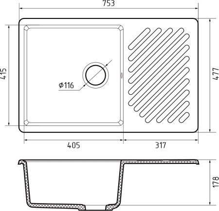 Кухонная мойка Granfest Quarz 52 белый 75х48 цвет белый поверхность матовая