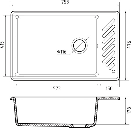 Кухонная мойка Granfest Quarz 51 черный 75х48 цвет черный поверхность матовая
