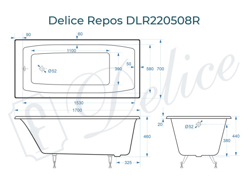 Ванна чугунная Delice Repos DLR220508 170х70 пристенная прямоугольная без ножек - фото 3