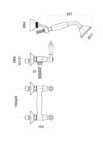 Смеситель для ванны и душа Fiore 08CO0602 настенный хром/золото