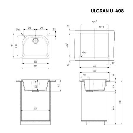 Кухонная мойка Ulgran Classic U-408-343 59х51 цвет антрацит