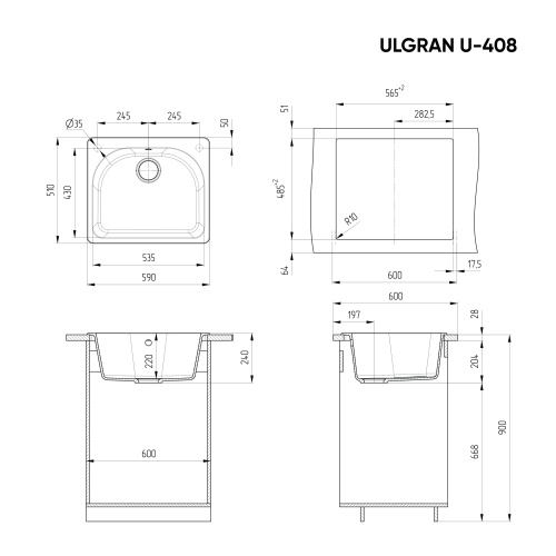 Кухонная мойка Ulgran Classic U-408-342 59х51 цвет графит - фото 2