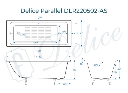 Ванна чугунная Delice Parallel DLR220502-AS 170х80 пристенная прямоугольная без ножек с антискользящим покрытием - фото 3