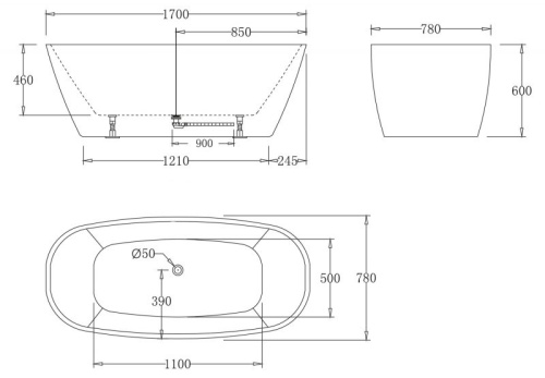 Ванна акриловая BelBagno BB72-1700-W0 170х78 отдельностоящая овальная - фото 2