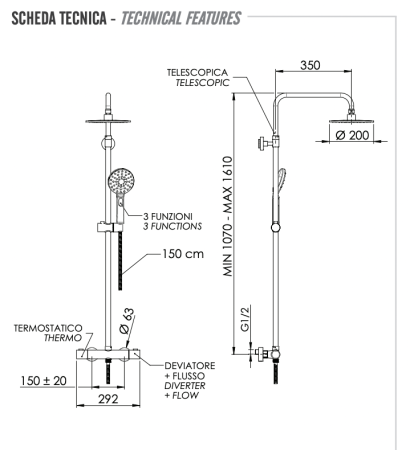 Душевая стойка Remer Elegance EQ32A8MPMD20 настенная с термостатом
