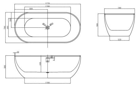 Ванна акриловая Abber AB9241 170х80 отдельностоящая овальная с каркасом