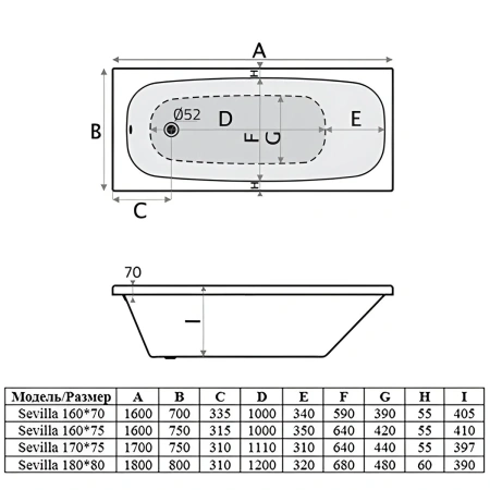 Ванна акриловая Alba Spa SEVILLA ВПР0140100100 160х70 пристенная прямоугольная без ножек
