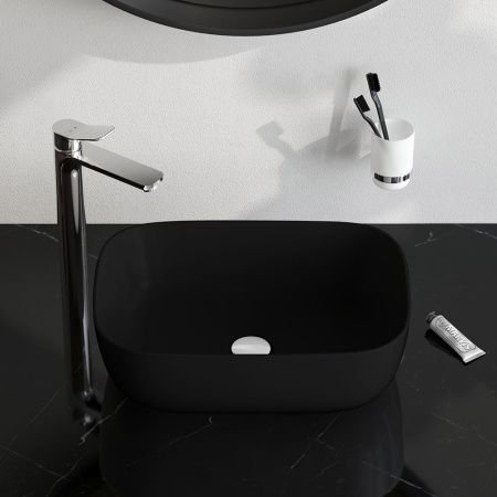 Раковина из сантехнического фарфора Am.Pm Func M8FWCC10450BM 50х30 накладная цвет черный без отверстий под смеситель