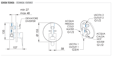 Смеситель для душа Remer Winner W09 встраиваемый в стену хром