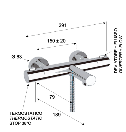 Смеситель для ванны Remer Elegance EQ05 настенный хром с термостатом