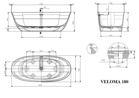 Ванна из искусственного камня Plumberia Selection Veloma VELOMA 180BO 180х80 отдельностоящая овальная с ножками