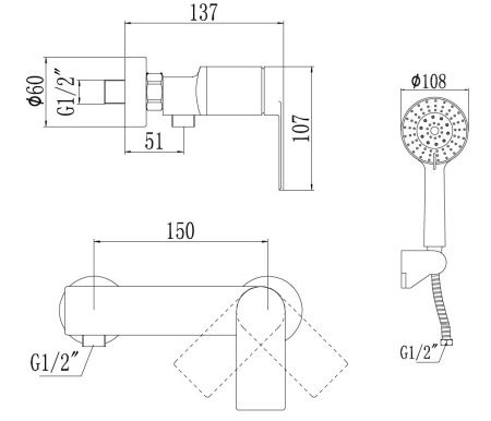 Смеситель для ванны и душа Savol S-601815H настенный черный