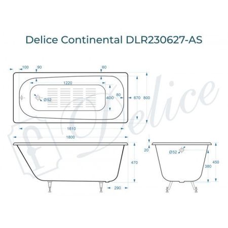 Ванна чугунная Delice Continental DLR230627-AS 180х80 пристенная прямоугольная без ножек с антискользящим покрытием