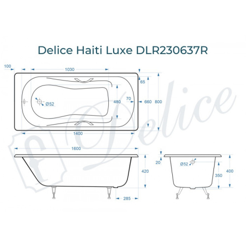 Ванна чугунная Delice Haiti Luxe DLR230637R 160х80 пристенная прямоугольная - фото 2