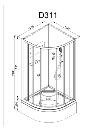 Душевая кабина AvaCan D311 110х110 четверть круга без крыши ориентация универсальная