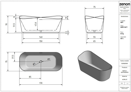 Ванна акриловая Zenon Sottovento 4000.000.000.000.40988 170х75 отдельностоящая прямоугольная