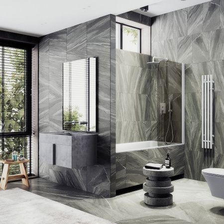Душевая шторка на ванну Maybah Glass MGV-611-1 60х140 стекло тонированное профиль белый ориентация универсальная