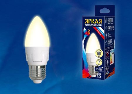 Лампа светодиодная Uniel LED-C37 7W/WW/E14/FR PLP01WH картон
