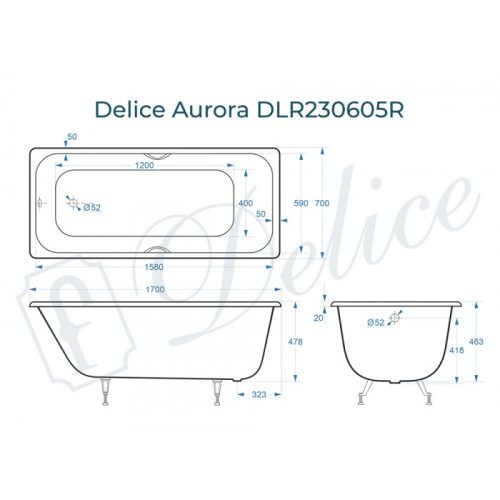 Ванна чугунная Delice Aurora DLR230605R 170х70 пристенная прямоугольная - фото 2