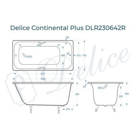 Ванна чугунная Delice Continental PLUS DLR230642R 100х70 пристенная прямоугольная без ножек с отверстиями под ручки