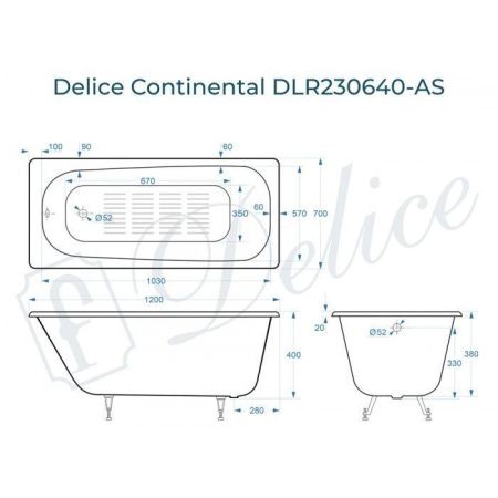 Ванна чугунная Delice Continental DLR230640-AS 120х70 пристенная прямоугольная без ножек с антискользящим покрытием