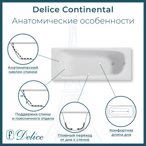 Ванна чугунная Delice Continental DLR230612-AS 150х70 пристенная прямоугольная без ножек с антискользящим покрытием - фото 2