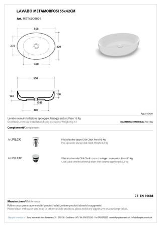Раковина керамическая Olympia Metamorfosi MET42O6001 60х40 накладная цвет белый
