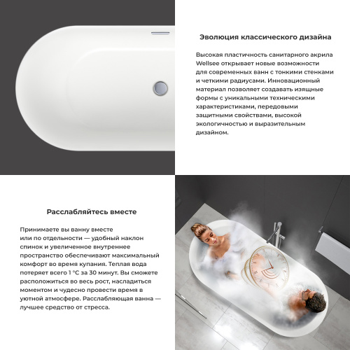 Ванна акриловая Wellsee Chic Riviera 236802000 170х76 отдельностоящая овальная с ножками - фото 5