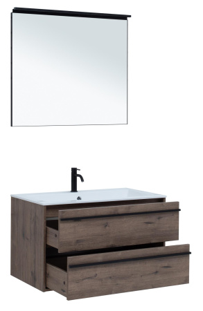 Комплект мебели: тумба с раковиной + зеркало Aquanet Lino 00271958 90x50x138 подвесной цвет темное дерево