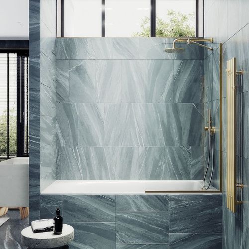 Душевая шторка на ванну Maybah Glass MGV-154-3у 75х140 стекло прозрачное профиль золото ориентация универсальная